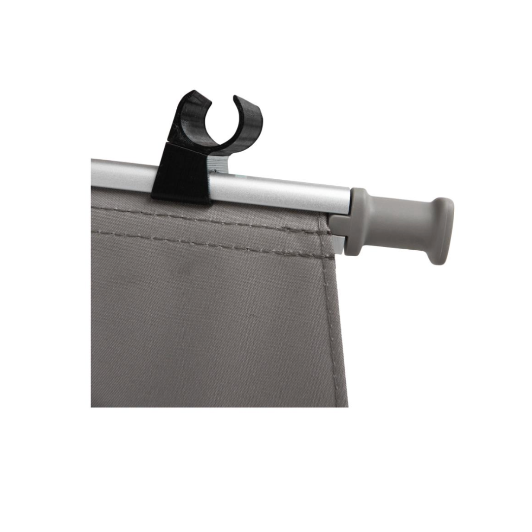 A close-up of ByAcre Accessories for the Ultralight Carbon Fiber Rollators, featuring a gray blackout curtain hanging from a silver rod with a black hook-shaped clip, set against a plain white background.